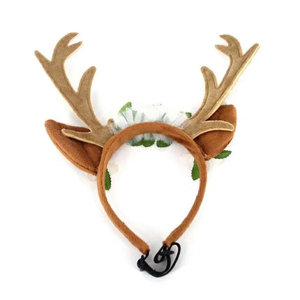 Christmas Antler Headband for Pets During Holidays - brown cotton reindeer antlers with elastic band for pet holiday photos