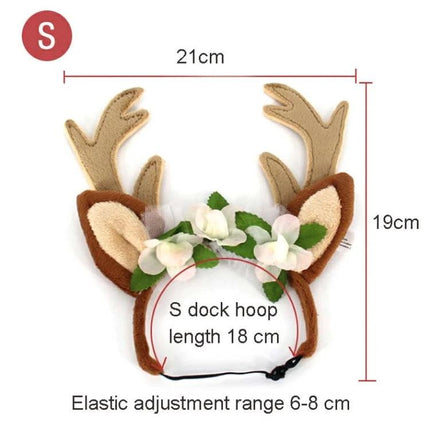 Christmas Antler Headband for Pets During Holidays adjustable cotton elastic reindeer ears with flowers for holiday photos