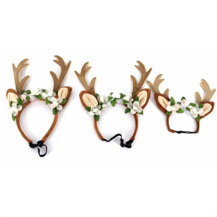 Christmas Antler Headband for Pets During Holidays - cotton elastic festive pet headband with floral accents for holiday photos and gatherings