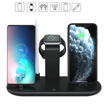 HQ-UD20 Wireless Charging Stand for Phone Apple Watch AirPods showing phone, watch, AirPods and stylus charging on black stand