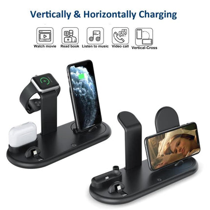 HQ-UD20 Wireless Charging Stand for Phone Apple Watch AirPods showing phone vertical and horizontal charging with Apple Watch and AirPods on black stand