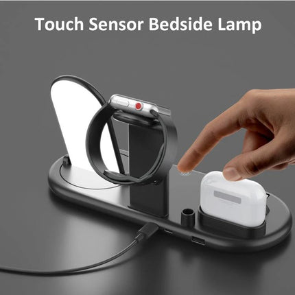 HQ-UD20 Wireless Charging Stand for Phone Apple Watch AirPods showing phone, Apple Watch, AirPods and touch sensor bedside lamp on black charging dock