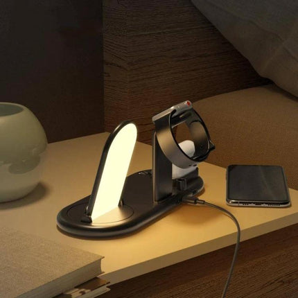 HQ-UD20 Wireless Charging Stand for Phone Apple Watch AirPods on nightstand showing phone, Apple Watch, AirPods charging and built-in lamp
