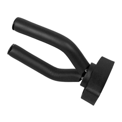 Wall Hook for Hanging Guitars and Ukuleles in Home Spaces — black metal steel pipe guitar/ukulele wall hook with padded yoke for secure home storage