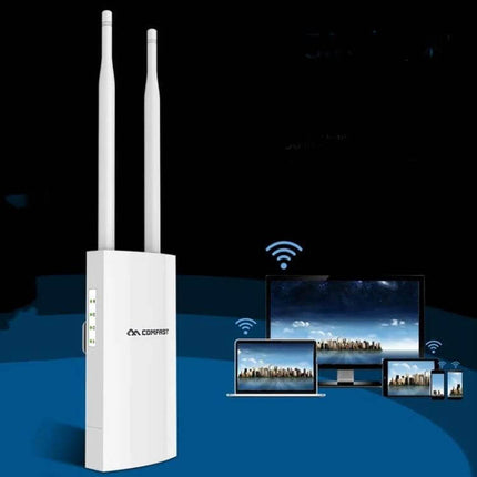 Comfast Outdoor Wireless Access Point for Coverage Expansion mounted outdoors with dual antennas providing POE WiFi to laptops, TVs and mobile devices