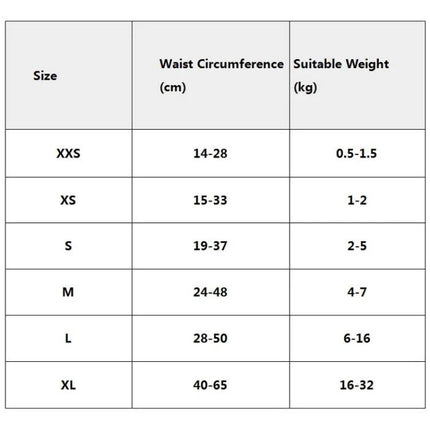 Pet Diapers for Daily Home Care of Dogs and Cats size chart showing waist circumference (cm) and suitable weight (kg) for XXS to XL