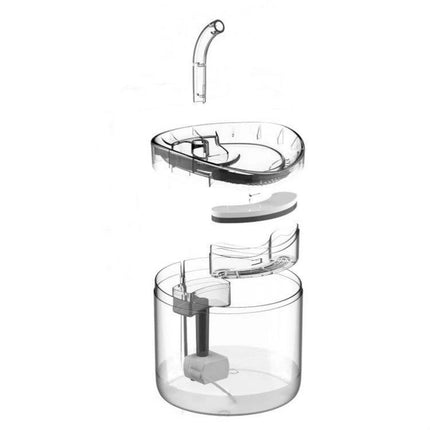 Transparent exploded view of Essential Water Dispenser for Pets' Daily Home Hydration showing reservoir, pump, and top bowl