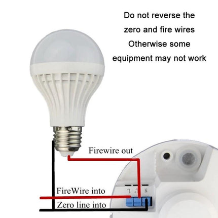 220V Microwave Motion Sensor Switch for Indoor Lighting diagram showing wiring: zero line and firewire connection warning