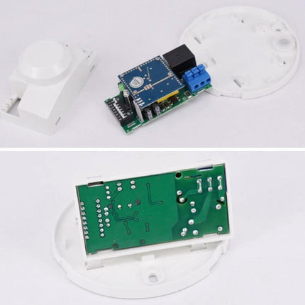 220V Microwave Motion Sensor Switch for Indoor Lighting - disassembled radar motion sensor PCB and white plastic housing for 220V-240V indoor light automation