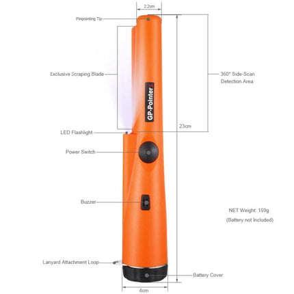 Handheld Metal Detector for Gold and Treasure Pinpointing compact orange pinpointing probe with LED, buzzer, scraping blade and measurements
