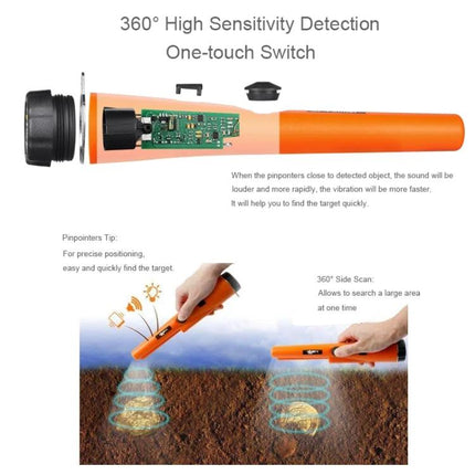 Handheld Metal Detector for Gold and Treasure Pinpointing compact orange pinpointer showing internal circuit and 360° detection with vibration and sound alerts