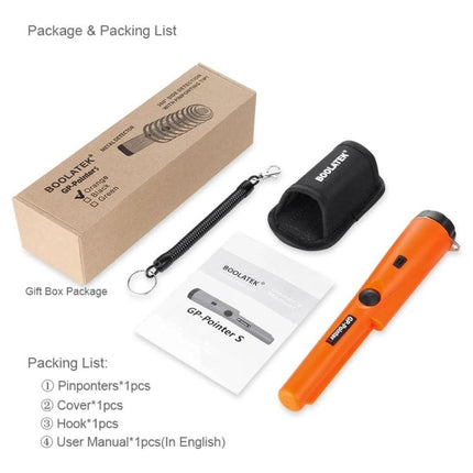 Handheld Metal Detector for Gold and Treasure Pinpointing - compact orange pinpointer with holster, lanyard, and user manual for beach and field detecting