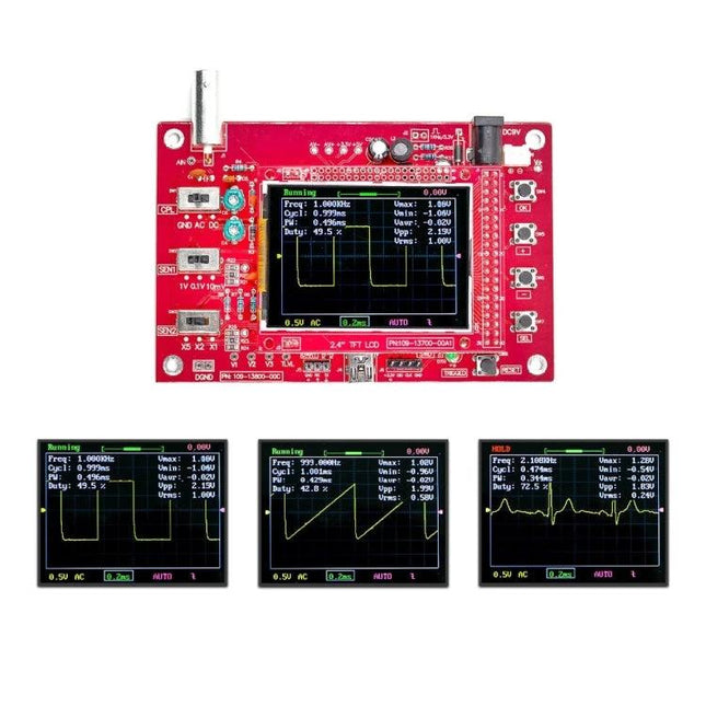 Fully Assembled DSO138 Oscilloscope for Signal Analysis handheld ARM Cortex-M3 2.4-inch TFT showing waveform examples for electronics testing