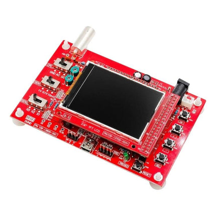 Fully Assembled DSO138 Oscilloscope for Signal Analysis showing red PCB, 2.4-inch color TFT display and controls for electronics testing