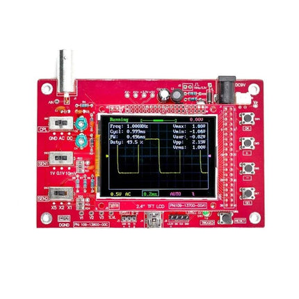 Fully Assembled DSO138 Oscilloscope for Signal Analysis showing 2.4-inch color TFT displaying waveform and measurement readouts on red PCB