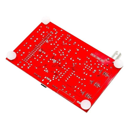 Fully Assembled DSO138 Oscilloscope for Signal Analysis red PCB underside with solder joints, BNC connector and rubber feet for hobby electronics