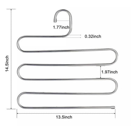 S Shape Multi Functional Clothes Hangers For Pants Storage stainless steel S-shaped hanger with dimensions 14.5×13.5in, 0.32in rod thickness for space-saving pants organization