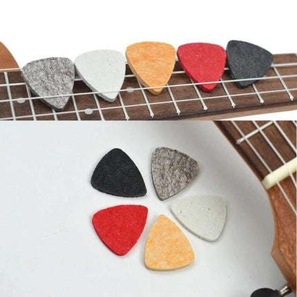 Wool Felt Picks for Everyday Ukulele and Guitar Practice – colorful felt plectrums on ukulele fretboard and tabletop, soft polyester picks for comfortable strumming