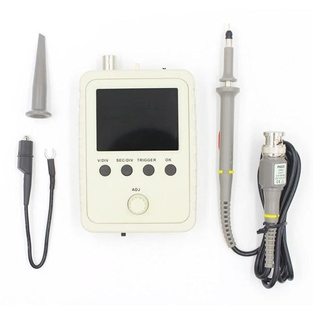 Compact Oscilloscope for Electronic Signal Measurement and Testing handheld unit with probe and accessories for hobbyists and technicians