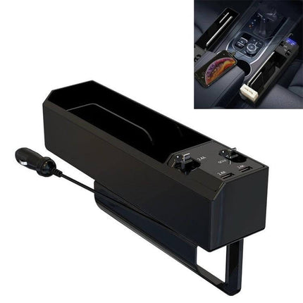 Car Seat Storage Box With USB Charger For Car Seat Gap - black ABS organizer with dual USB ports and cupholder gap fit