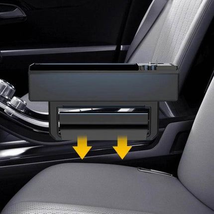 Car Seat Storage Box With USB Charger For Car Seat Gap installed between seat and console, slim ABS+PC organizer holding cables and charging device