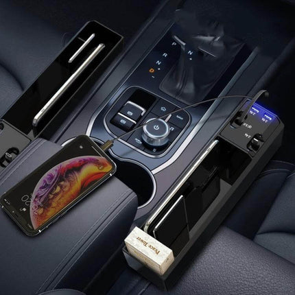 Car Seat Storage Box With USB Charger For Car Seat Gap - black ABS+PC organizer holding phone, cables, coins and charging ports