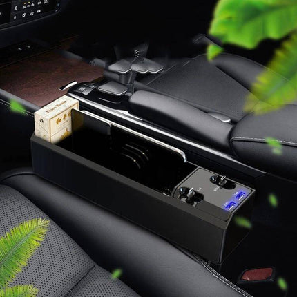 Car Seat Storage Box With USB Charger For Car Seat Gap placed between seat and console holding phone, cards, keys and dual USB charging ports