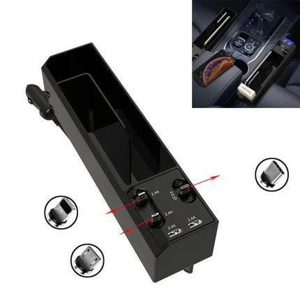 Car Seat Storage Box With USB Charger For Car Seat Gap – black ABS organizer with dual USB ports and cigarette plug for phone, keys, coins