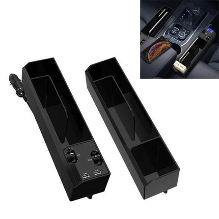 Car Seat Storage Box With USB Charger For Car Seat Gap - black dual compartment organizer with USB ports and cigarette adapter, fits between seat and console