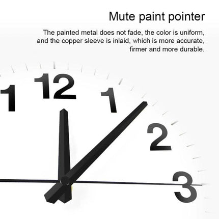 Smart WiFi Wall Clock With Time Synchronization, Living Room close-up of black aluminum pointer and numbers on white PVC mirror face, metal shell, mute paint pointer