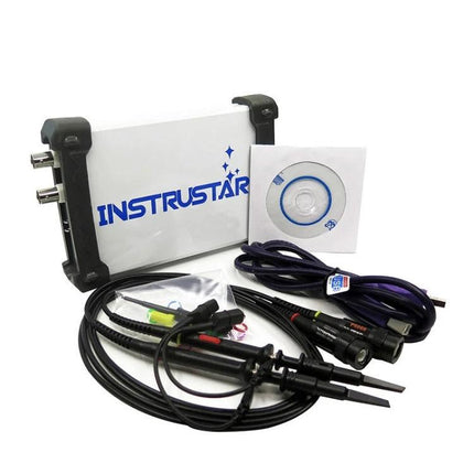 Multifunctional USB Oscilloscope for PC Signal Analysis showing compact Instrustar unit, probes, cables and software CD for vehicle and electronics diagnostics