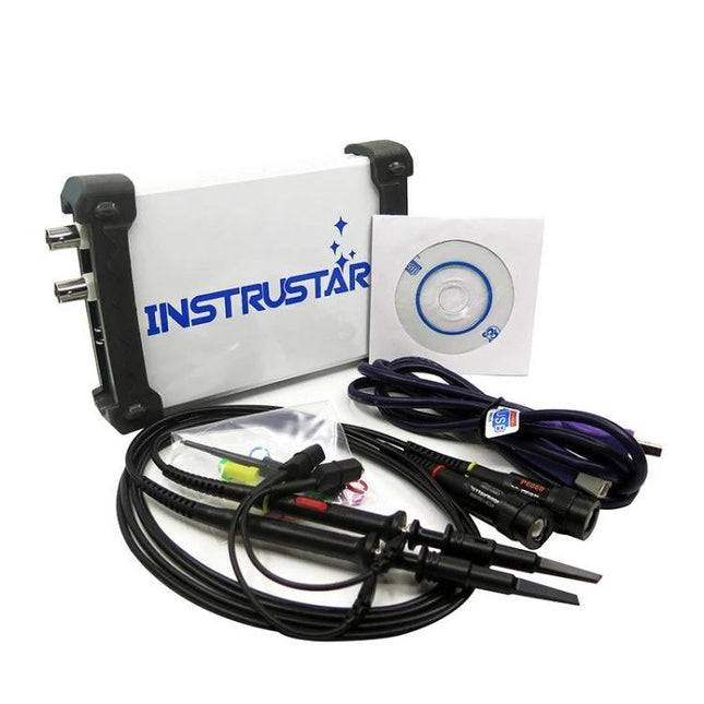 Multifunctional USB Oscilloscope for PC Signal Analysis showing compact Instrustar unit, probes, cables and software CD for vehicle and electronics diagnostics
