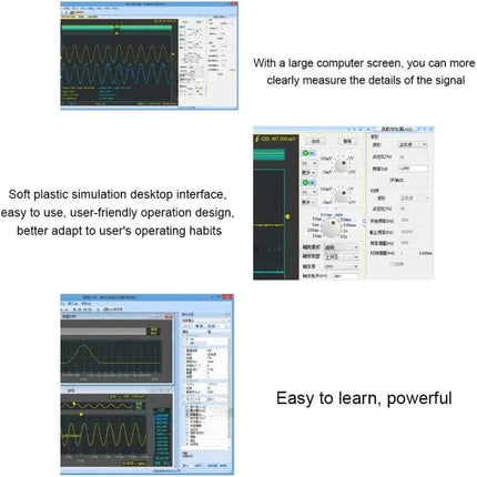 Multifunctional USB Oscilloscope for PC Signal Analysis — PC screen showing oscilloscope, spectrum analyzer and recorder interface for troubleshooting and teaching
