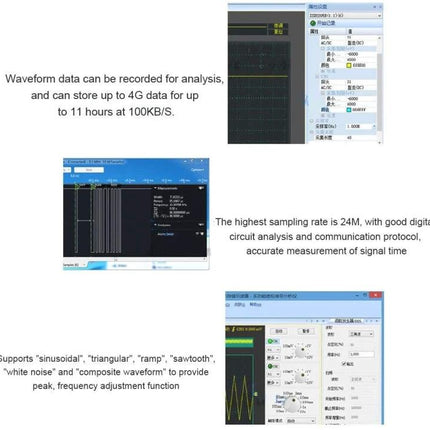 Multifunctional USB Oscilloscope for PC Signal Analysis showing software screenshots of waveform recording, spectrum analyzer and data logging features