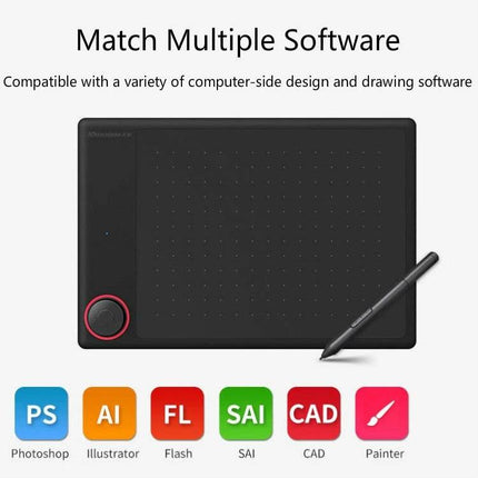 Tianmin Digital Drawing Tablet for Mobile and Computer Use showing compact tablet, stylus, and compatible software icons like Photoshop and Illustrator