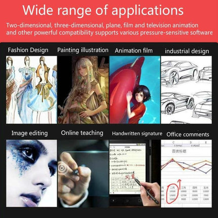 Tianmin Digital Drawing Tablet for Mobile and Computer Use showing fashion design, painting, animation, sketching, image editing, online teaching and note-taking
