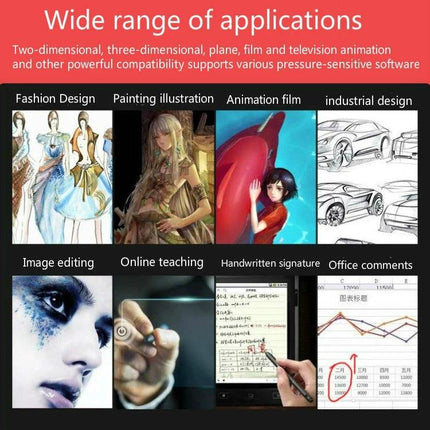 Tianmin G50 Digital Drawing and Writing Tablet for Online Use showing applications like fashion design, painting, animation, sketches, image editing, teaching, notes