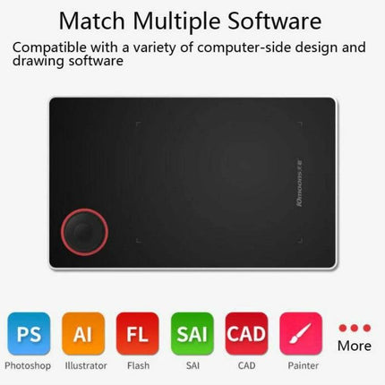 Tianmin G50 Digital Drawing and Writing Tablet for Online Use compact black tablet with touch wheel, shown compatible with Photoshop, Illustrator, Flash and CAD