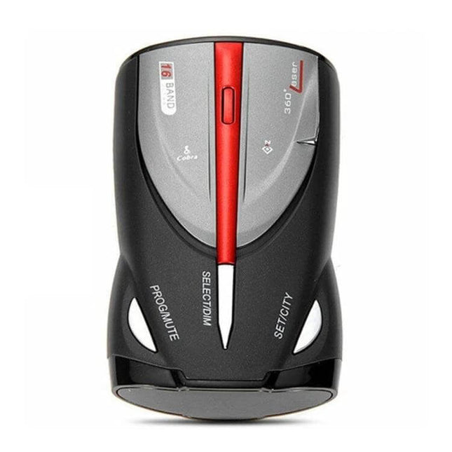 Laser Radar Detector for Cars with 360-Degree Coverage compact black and red unit showing 360° detection and voice alerts