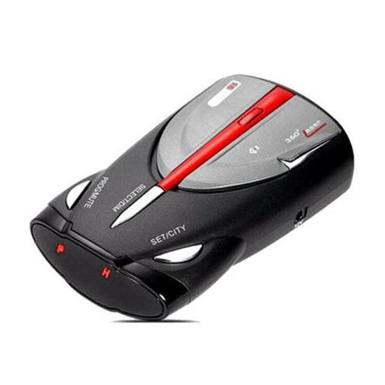 Laser Radar Detector for Cars with 360-Degree Coverage - compact black and red radar detector with voice alerts and universal vehicle compatibility