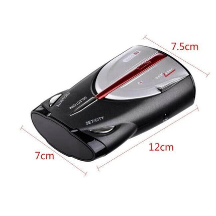 Laser Radar Detector for Cars with 360-Degree Coverage compact black unit with dimensions 12x7.5x7cm showing buttons and display