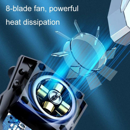 Compact Fan Cooler for Phones in Everyday Use showing 8-blade fan and heat dissipation illustration