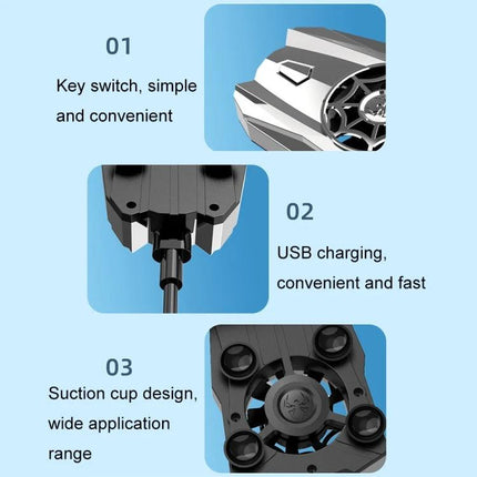 Compact Fan Cooler for Phones in Everyday Use showing key switch, USB charging port, and suction-cup design for easy attachment