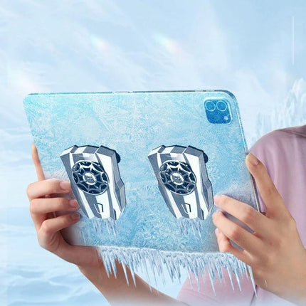 Compact Fan Cooler for Phones in Everyday Use — dual clip-on cooling fans attached to a tablet to prevent overheating during gaming and browsing