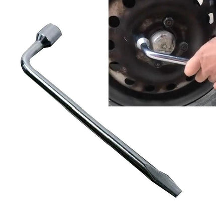 Versatile Wrench for Car Tire Changes and Maintenance — chrome dual-end lug wrench showing use on car wheel