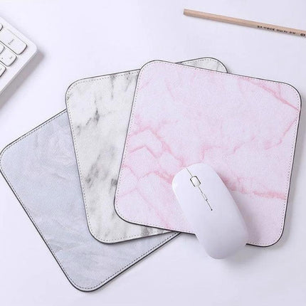 Marbled Mouse Pad with Pattern for Desk Use, 20x20cm - pink marble PU leather pad with white wireless mouse on desk