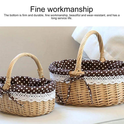 Hand Woven Picnic Basket Sackcloth Rattan Storage Basket Small with brown polka dot removable lining and lace trim, two sizes for storage and picnics