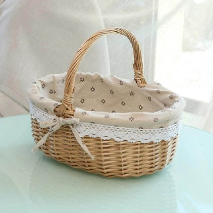 Hand Woven Picnic Basket Sackcloth Rattan Storage Basket Small with removable washable lining and lace trim for pantry, gifts, and picnics