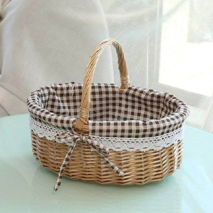 Hand Woven Picnic Basket Sackcloth Rattan Storage Basket Small with removable checked sackcloth lining and woven handle for picnics and home storage