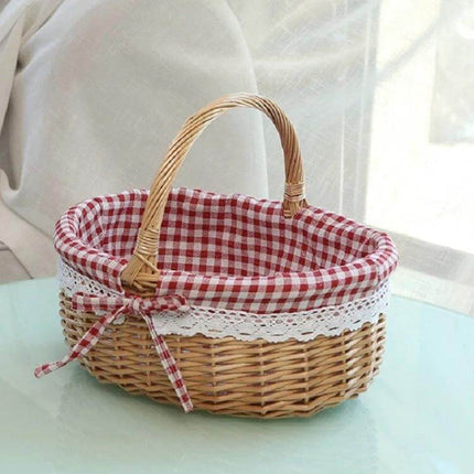 Hand Woven Picnic Basket Sackcloth Rattan Storage Basket Small with red gingham removable lining and woven handle for picnics and home storage